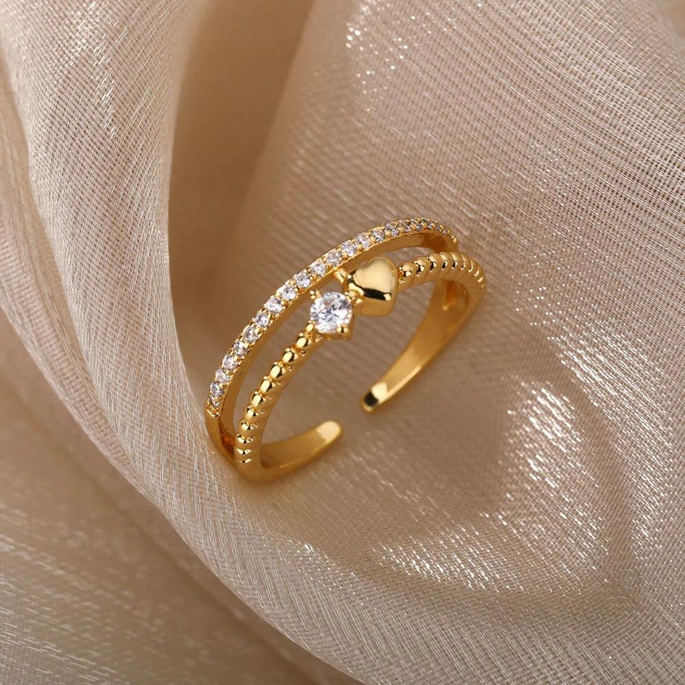 Zircon Double Band Ring - 18K Gold, Waterproof & Hypoallergenic