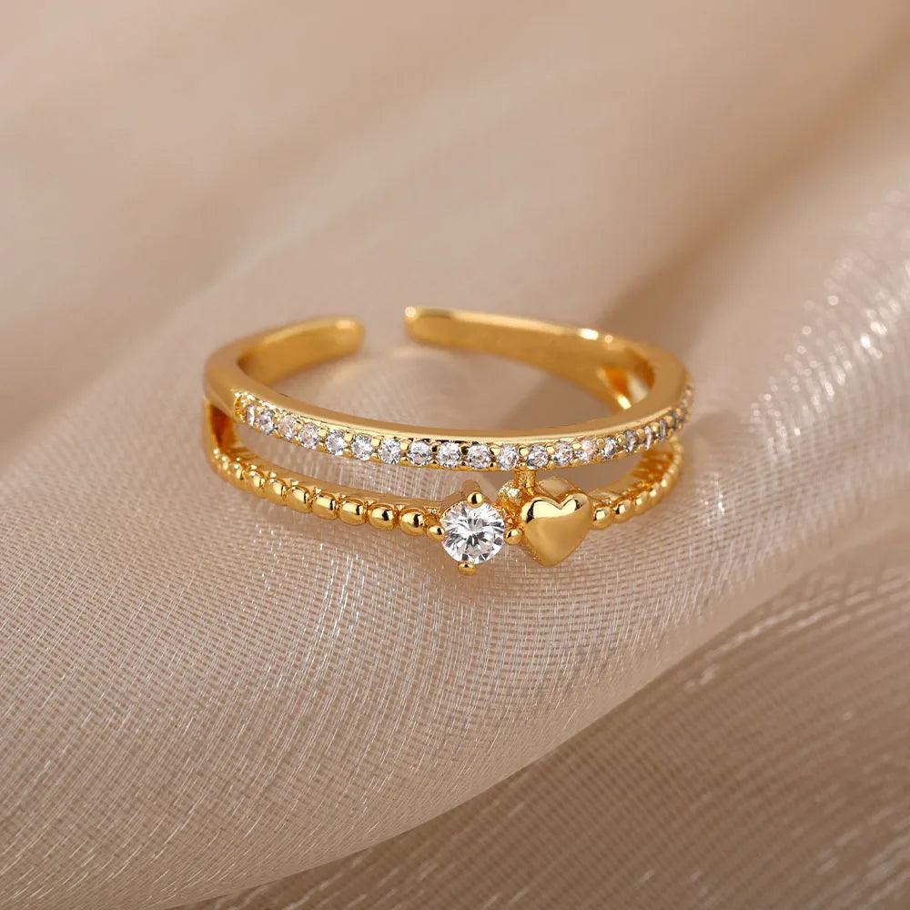 Zircon Double Band Ring - 18K Gold, Waterproof & Hypoallergenic