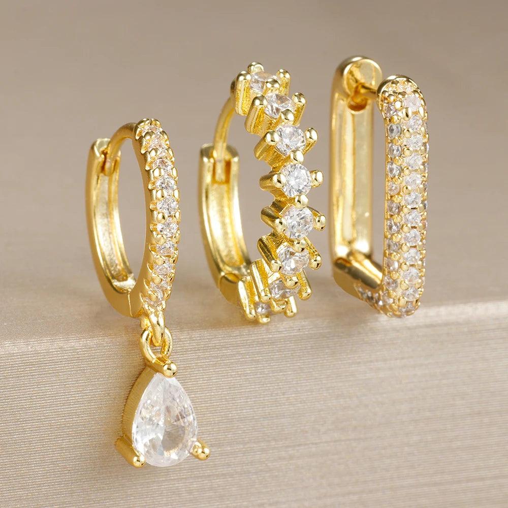 Radiant Zircon Earrings Set – 18K Gold, Waterproof & Hypoallergenic